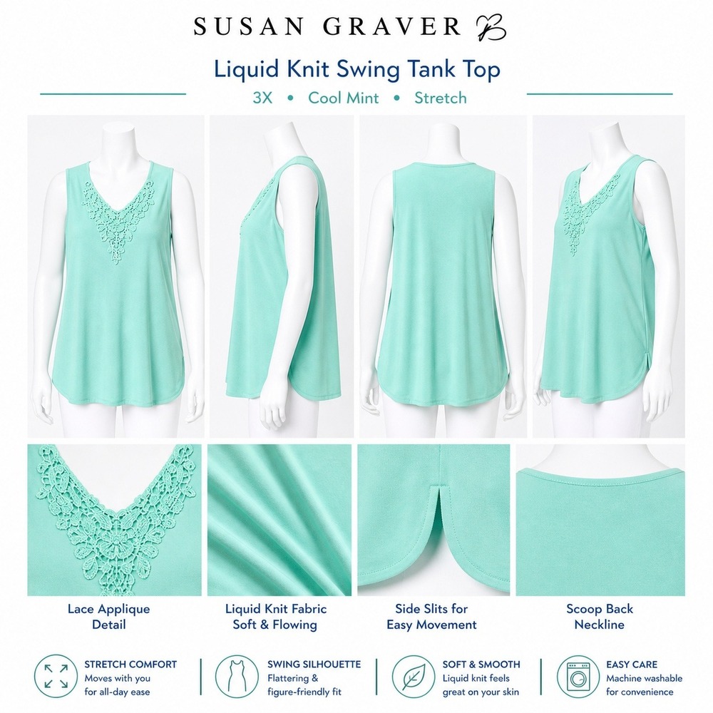 Susan Graver Liquid Knit Swing Tank Top 3X Cool Mint Lace Applique A87176
